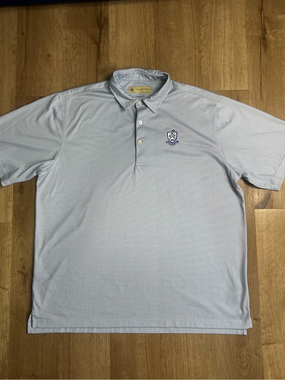 Donald Ross Men's L White/Blue Striped Golf Polo Stretch Norfolk G.C.C. Logo